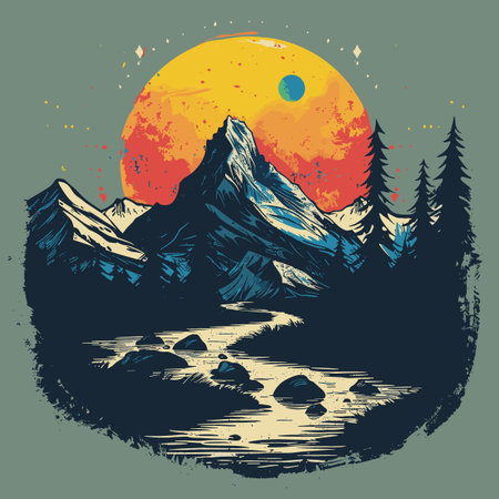 Mountain landscape with lake and forest. Hand drawn vector illustration.のイラスト素材