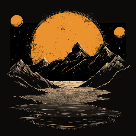 Mountains on the background of the moon and the river. Vector illustrationのイラスト素材