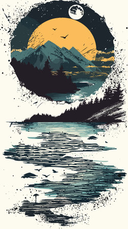 Mountain landscape with lake, forest and birds. Hand drawn vector illustration.のイラスト素材