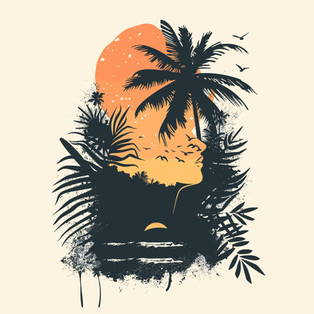 Tropical palm tree and sunset. Hand drawn vector illustration.のイラスト素材
