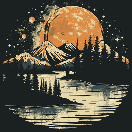 Mountains, lake and forest on the background of the moon and starsのイラスト素材