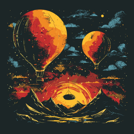 Hot air balloon flying over the mountains. Vector illustration on black background.のイラスト素材