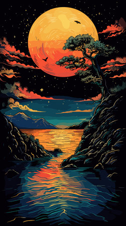 Night landscape with a lonely pine tree on the shore of the lake.のイラスト素材