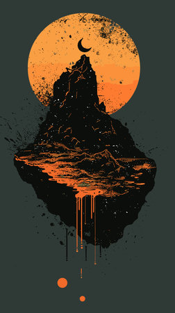Vector illustration of mountain silhouette and moon. Grunge style.のイラスト素材