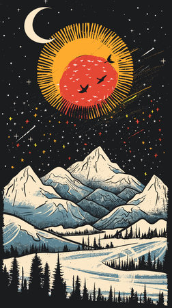 Vintage hand drawn landscape with mountains, moon and sun. Vector illustrationのイラスト素材