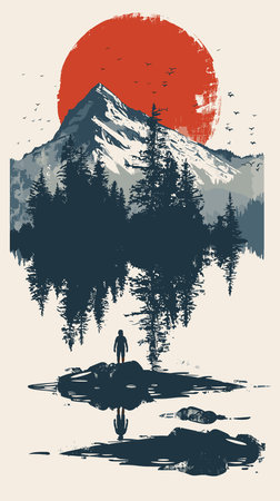 Mountains and forest. Hand drawn vector illustration in vintage style.のイラスト素材