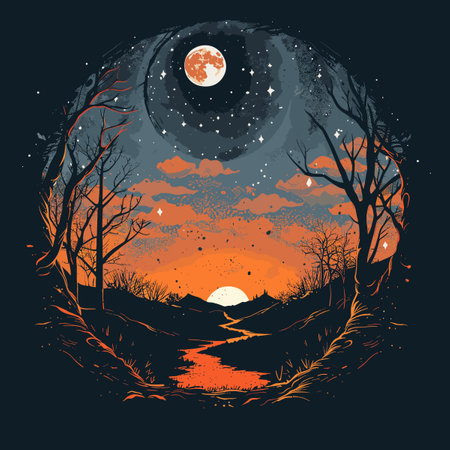 Night landscape with moon and trees. Vector illustration in retro style.のイラスト素材