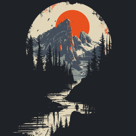 Mountains and forest on the background of the sun. Vector illustrationのイラスト素材