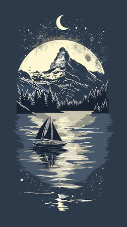 Yacht on the background of the moon and mountains. Vector illustration.のイラスト素材