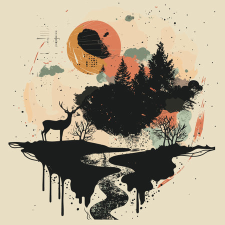 Grunge landscape with trees, lake and deer. Vector illustration.のイラスト素材