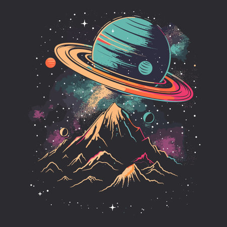 Hand drawn vector illustration of planet Saturn in space with stars and planets.のイラスト素材