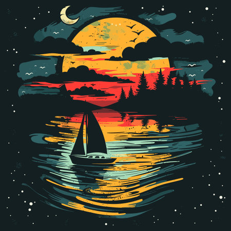 Sailing boat on the sea at sunset in retro style. Vector illustration.のイラスト素材