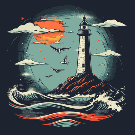 Lighthouse on the sea. Hand drawn vector illustration on dark background.のイラスト素材