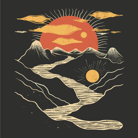 Vector hand drawn illustration of mountains and sun in vintage style on dark background.のイラスト素材
