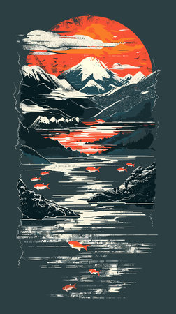 Mountains, lake and sunset. Hand drawn sketch. Vector illustration.のイラスト素材