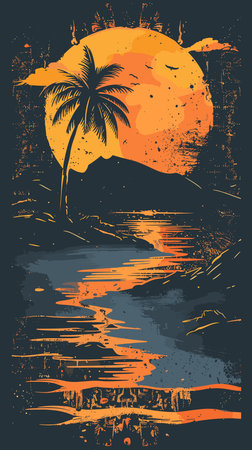 Tropical sunset with palm tree on the beach. Vector illustrationのイラスト素材