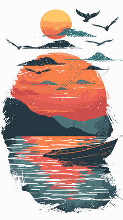 Sunset over the sea. Hand drawn vector illustration for your designのイラスト素材