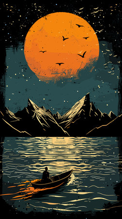 fisherman on a boat in the sea at sunset, vector illustrationのイラスト素材