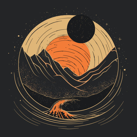 Hand drawn illustration with mountains, sun and moon. Creative tattoo artworkのイラスト素材