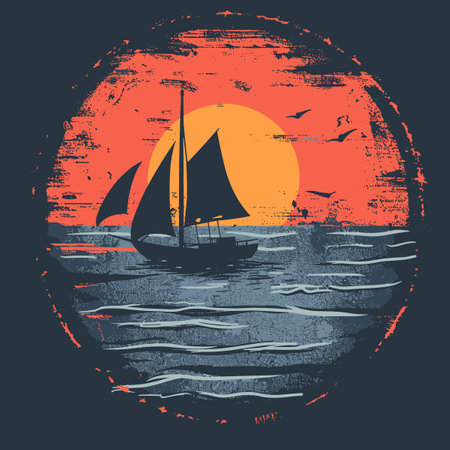 Sailing yacht on the sea at sunset. Vector illustration. Grunge effect.のイラスト素材