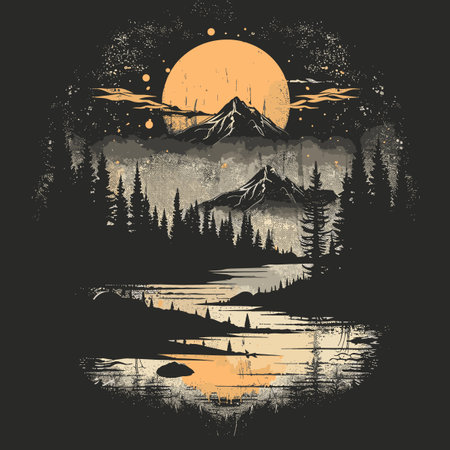 Mountains and lake. Mountain landscape. Vintage grunge illustration.のイラスト素材