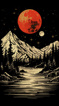 Landscape with mountains, river, forest and moon. Hand drawn illustration.のイラスト素材