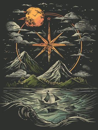 Vintage hand drawn illustration with mountains, compass and boat on the lake.のイラスト素材