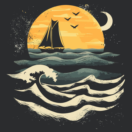 Vintage sailboat on the sea with waves. Vector illustration.のイラスト素材