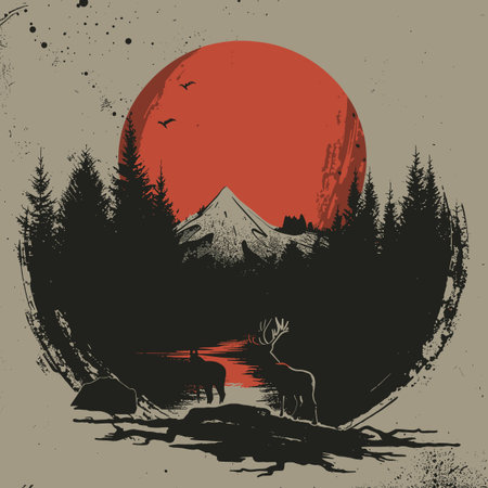 Mountain landscape with deer and lake. Grunge vector illustration.のイラスト素材