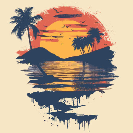 Tropical sunset on the beach. Grunge vector illustration.のイラスト素材