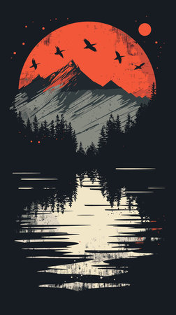 Silhouette of mountains and forest on a black background. Vector illustration.のイラスト素材