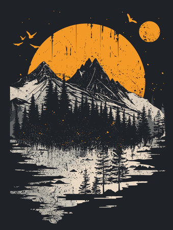 Mountains and lake. Vector illustration. Design for t-shirt.のイラスト素材