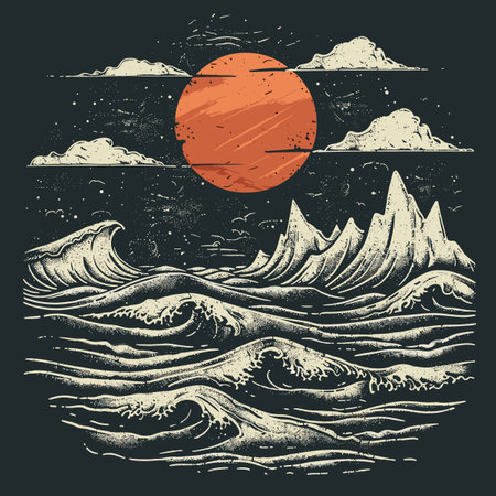 Sunset over the sea. Hand drawn vector illustration in vintage style.のイラスト素材