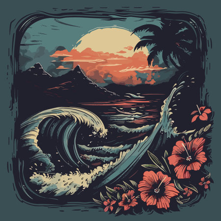 Tropical beach landscape with palm trees, hibiscus flowers and wavesのイラスト素材