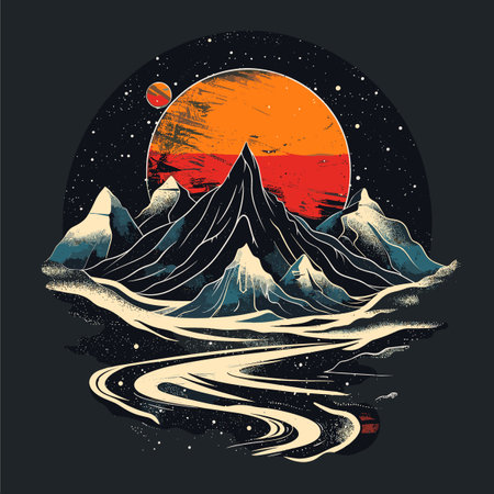 Vector illustration of a hand drawn mountain landscape with sun and moon.のイラスト素材