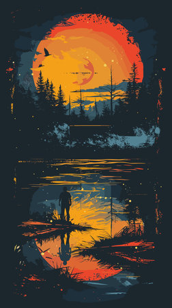 Vector illustration of a girl on the background of the mountains and the sunsetのイラスト素材