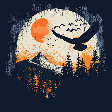 Birds flying over the mountains. Grunge vector illustration.のイラスト素材
