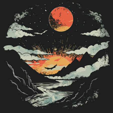 Set of grunge hand drawn mountains, sun, clouds and riverのイラスト素材