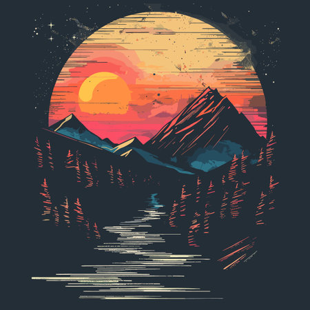 Mountains and lake. Sunset in the mountains. Vector illustration.のイラスト素材