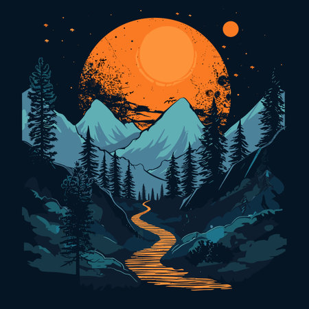 Mountain landscape with river and forest at night. Vector illustration.のイラスト素材