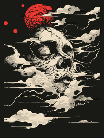 Skull and clouds. Hand drawn vector illustration. Tattoo art.のイラスト素材
