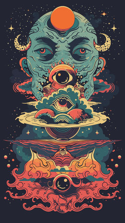 Vector illustration of an alien with a lot of eyes, moon and stars.のイラスト素材