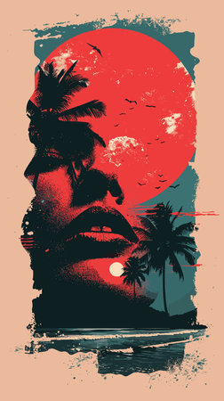 Tropical island with palm trees and sunset. Grunge vector illustration.のイラスト素材