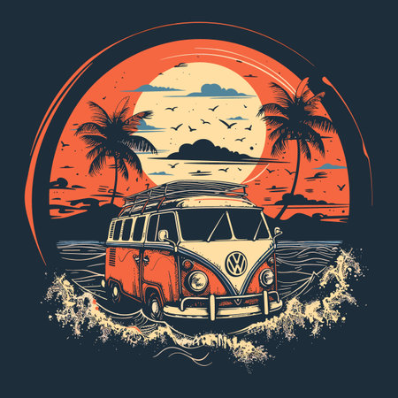 Retro car on the beach. Vector illustration in vintage style.のイラスト素材