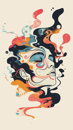 Abstract woman face with colorful paint splashes. Grunge vector illustration.のイラスト素材