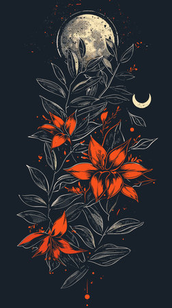 Hand drawn illustration with lily flowers, moon and leaves on dark background.のイラスト素材