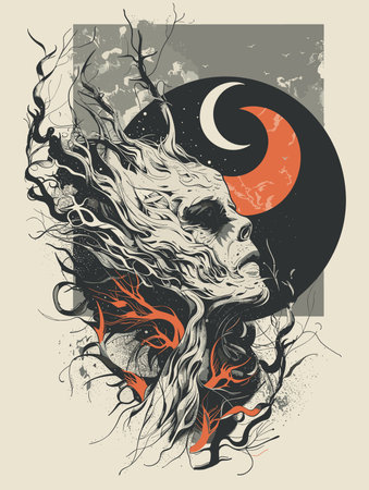 Grunge background with skull, moon and tree. Vector illustration.のイラスト素材