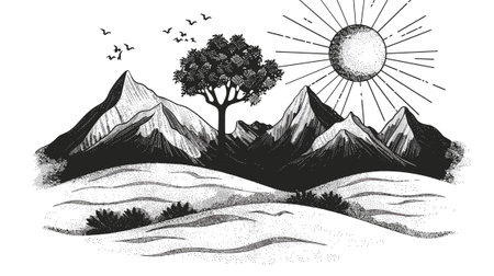 Mountain landscape with trees, sun and birds. Hand drawn vector illustration.のイラスト素材