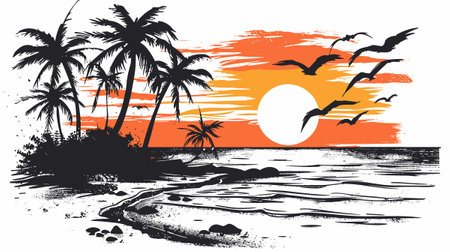 Tropical beach. Silhouette of palm trees and seagulls. Vector illustrationのイラスト素材
