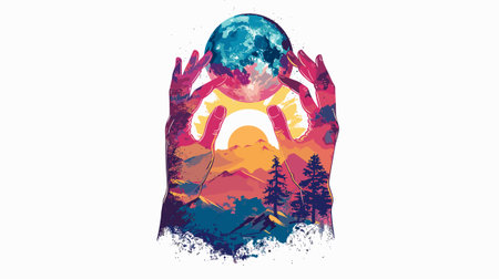 Hands in the form of a mountain with a sun. Vector illustration.のイラスト素材